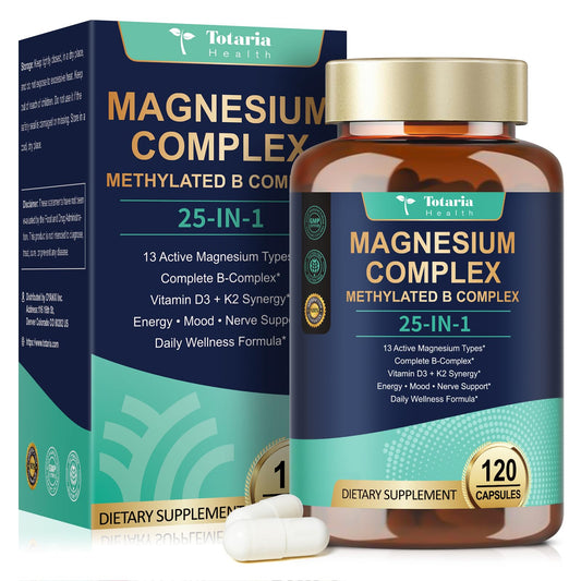 25-in-1 Magnesium Complex with Methylated B Complex Magnesium Glycinate Citrate Malate Taurate Gluconate Aspartate Carbonate D3 K2, Magnesium Supplement