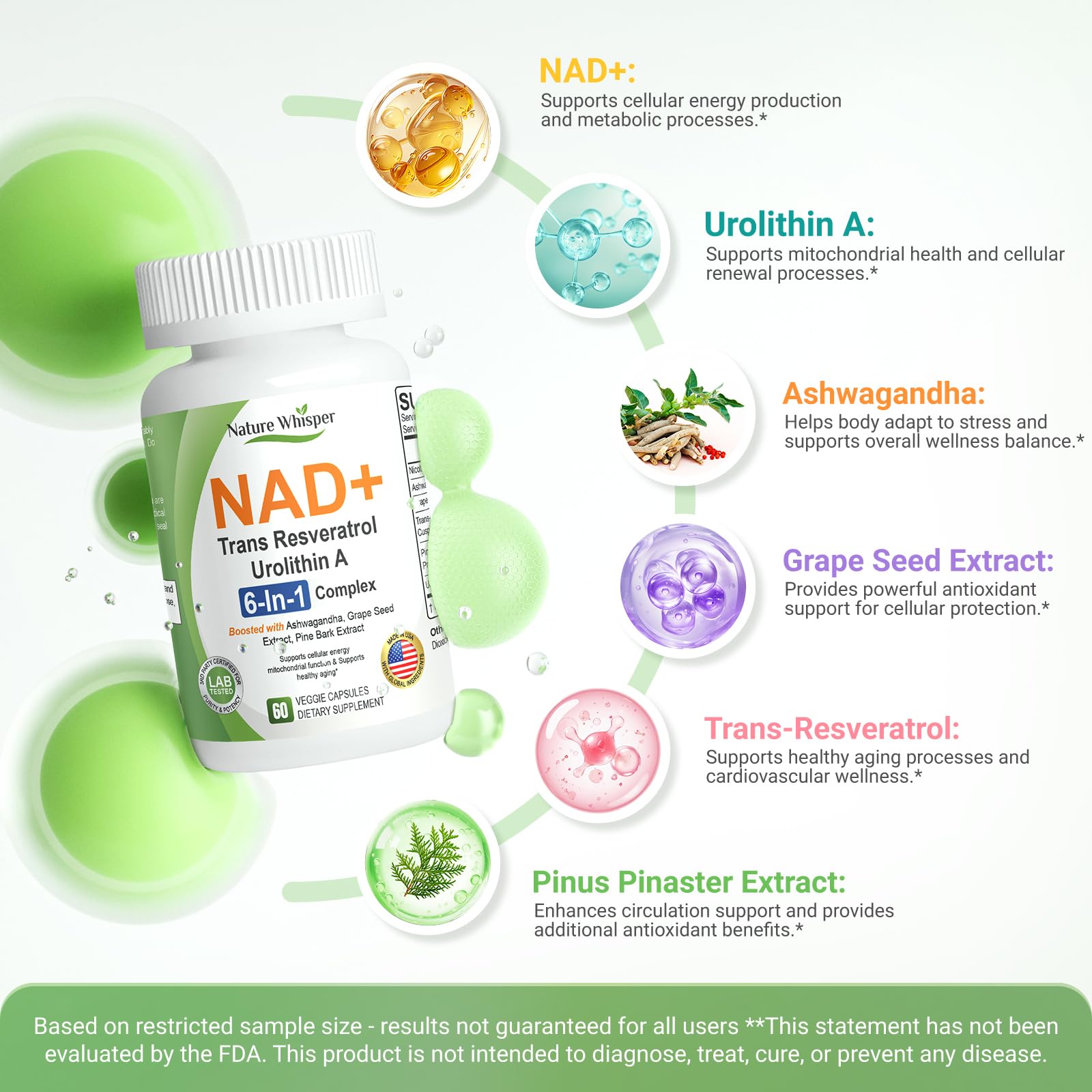 Nature Whisper NAD+ Supplement 620mg | 6-in-1 Complex with Resveratrol, Ashwagandha & Urolithin A - Daily Energy Stack for Focus, Brain Fog & Healthy Aging - 60 Capsules Nature WhisperBuy Supplements Australia