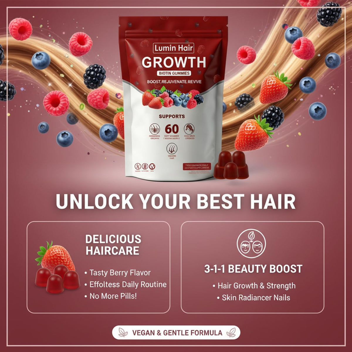 Lumin Hair Growth Gummies for Black Women, 60 Vegan Gummies, Daily Hair Nourishment with Biotin, Collagen & Botanical Extracts, Supports Healthy Hair Growth & Strength Lumin HairBuy Supplements Australia