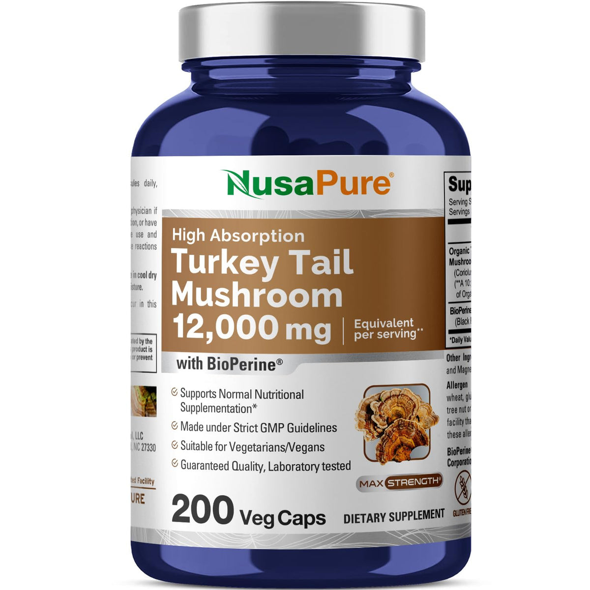 NusaPure Turkey Tail Mushroom Capsules, 10:1 Extract, 1200 mg Equivalent to 12,000mg, 200 Vcaps, Non-GMO, Gluten Free, Bioperine NusaPureBuy Supplements Australia