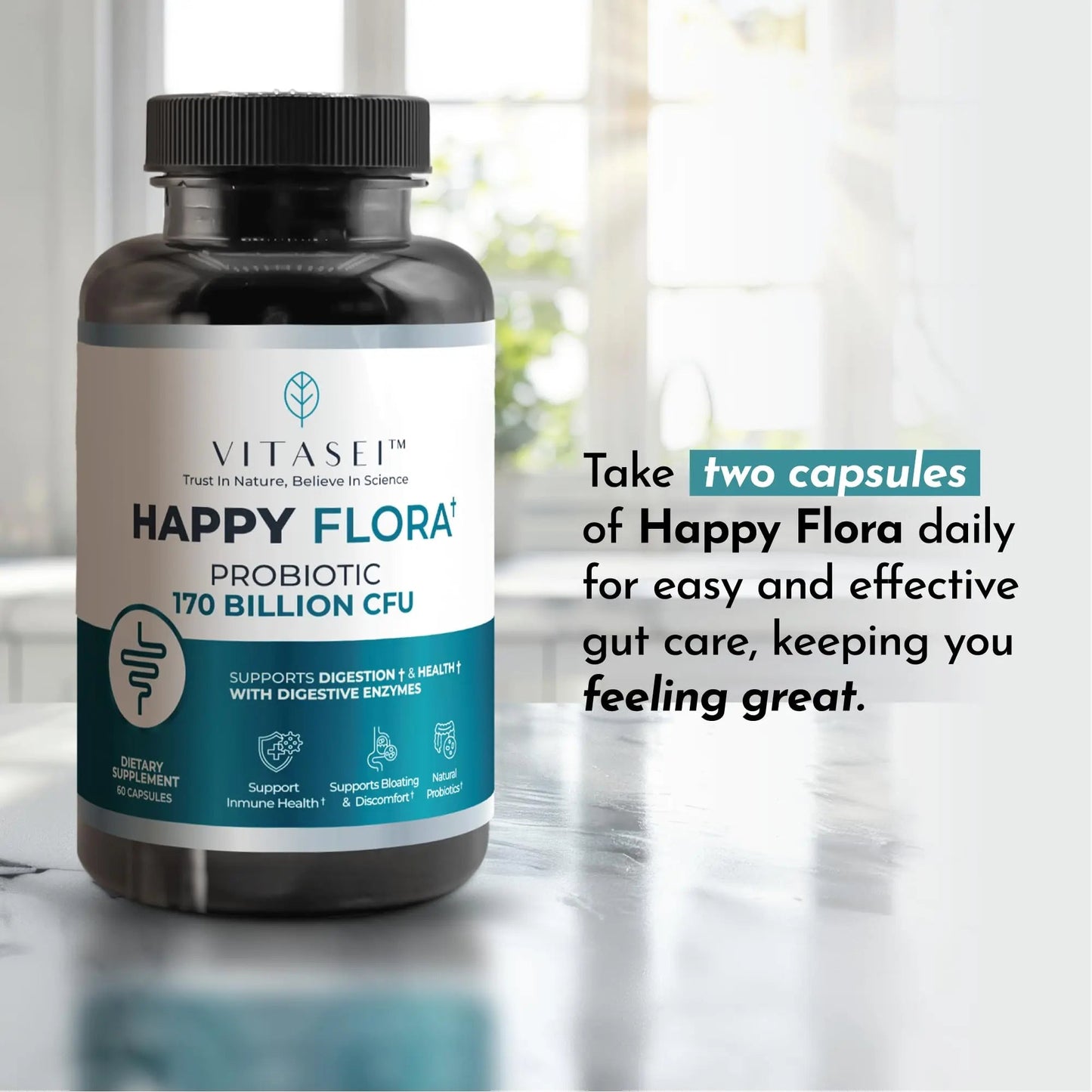 VITASEI Happy Flora, Probiotic Supplement 170 Billion CFU for a Healthy Gut Health with enzymes for Digestion, probiotics for Women and Men, 1 Bottle - 60 Capsules VITASEIBuy Supplements Australia