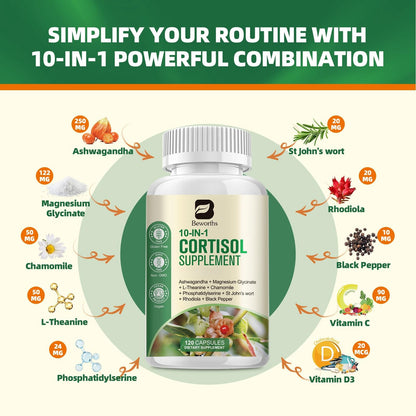 B BEWORTHS Cortisol Supplements for Women Men, 10-in-1 Cortisol Detox with Ashwagandha, Magnesium, L-Theanine, Balanced Cortisol Levels, Night & Calm Support, 120 Vegan Capsules B BEWORTHSBuy Supplements Australia