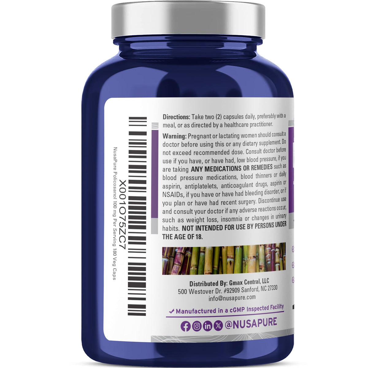 NusaPure Policosanol 100mg 180 Veggie Capsules (Vegan, Non-GMO) NusaPureBuy Supplements Australia