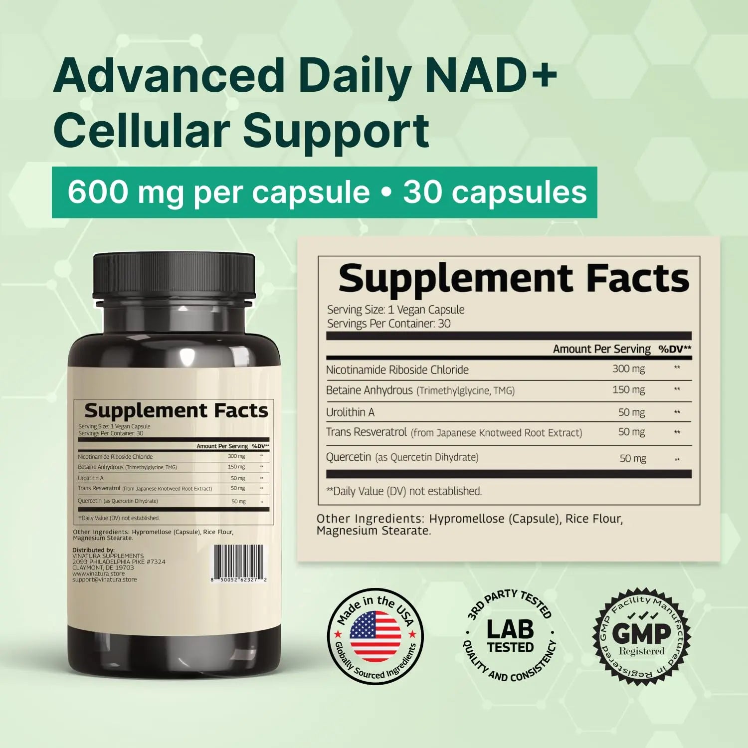 VINATURA NAD Supplement, Nicotinamide Riboside with Resveratrol - Advanced NAD+ Supplement with TMG and Urolithin A, for Women and Men - 30 Vegan Capsules VINATURABuy Supplements Australia