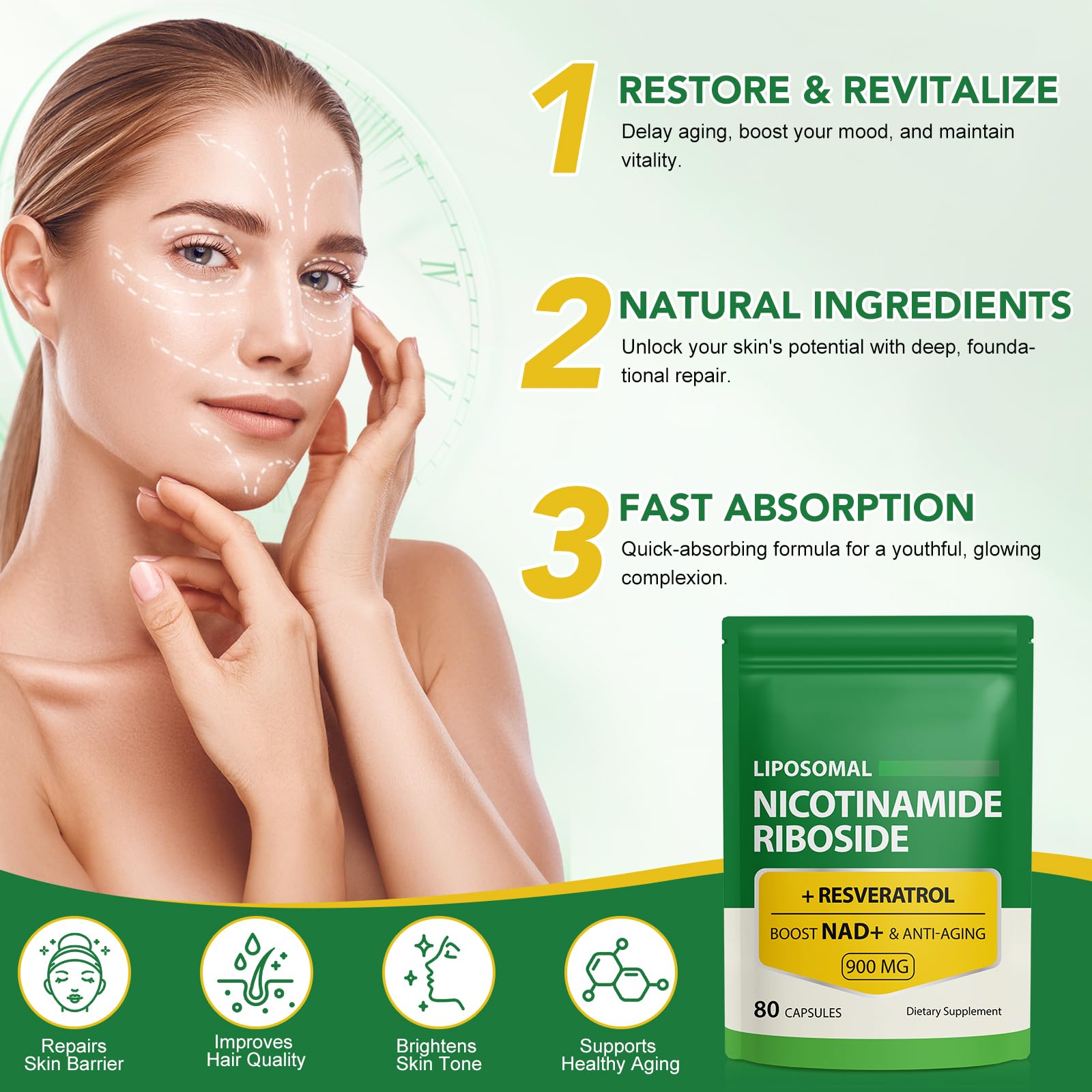 Daiasns NAD+ Supplement 900mg - Liposomal Nicotinamide Riboside & Resveratrol, Supports Muscle, Brain, Cellular Energy - NMN Supplement Alternative for Men and Women, 80 Capsules (Pack of 1) DaiasnsBuy Supplements Australia