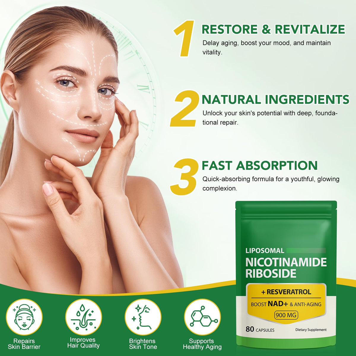 NAD Supplement with Nicotinamide Riboside - Resveratrol,Liposomal Nicotinamide Riboside,Quercetin - High Purity NAD Supplement for Anti-Aging, Focus, Energy 160 Capsules (2 Bag) RuduwuBuy Supplements Australia