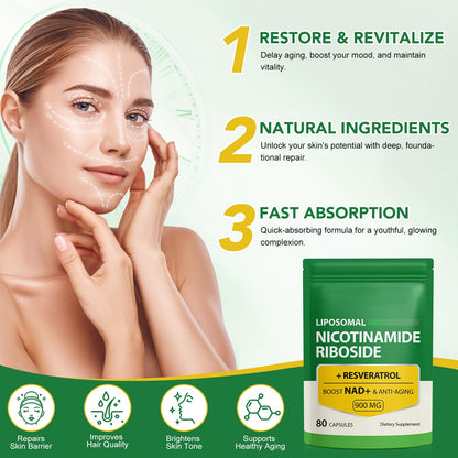 NAD Supplement with Nicotinamide Riboside - Resveratrol,Liposomal Nicotinamide Riboside,Quercetin - High Purity NAD Supplement for Anti-Aging, Focus, Energy 160 Capsules (2 Bag) RuduwuBuy Supplements Australia