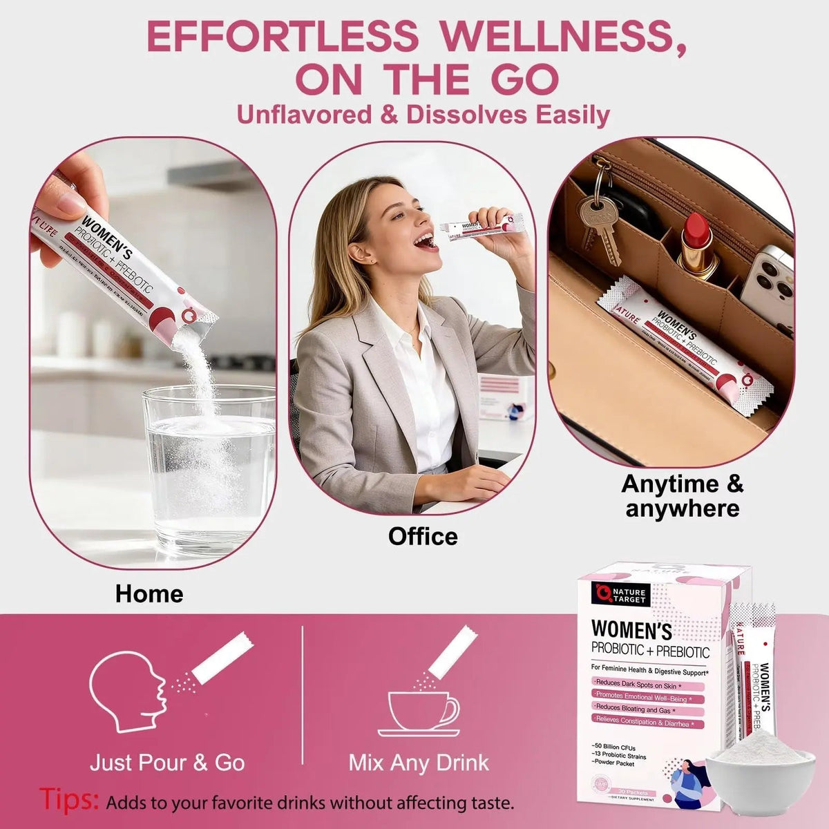 NATURE TARGET Probiotics for Women Probiotic Powder - 50 Billion CFUs, 13 Strains Supports for Digestive Vaginal Health, Bloating Relief, 30 Stick Packs NATURE TARGETBuy Supplements Australia
