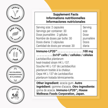 Supersmart - Lactobacillus Plantarum PostBiotic 20 Billion CFU per Day (Immuno-LP20) - Heat-Treated Probiotic Supplement | Non-GMO & Gluten Free - 60 Vegetarian Capsules Supersmart buy supplements Au