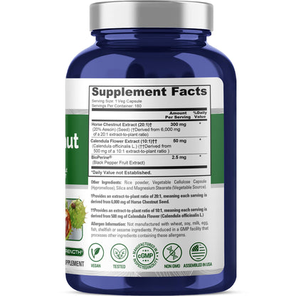 NusaPure Horse Chestnut 20:1 Extract, 300 mg Equivalent to 6,000mg 180 Veggie Caps Non-GMO, Vegan, BioPerine, Calendula Flower NusaPureBuy Supplements Australia