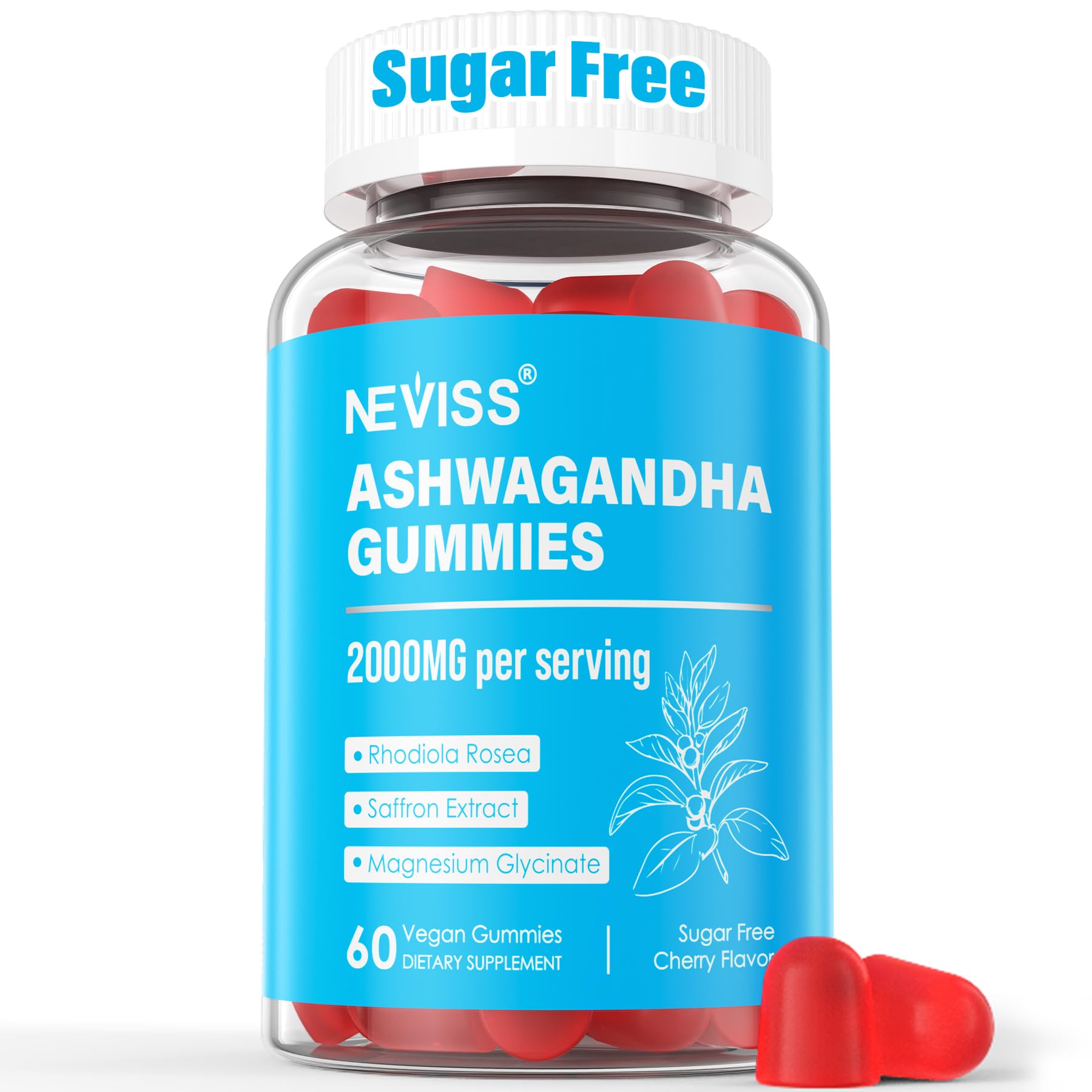 Sugar Free Ashwagandha Gummies - with Magnesium Glycinate, Rhodiola Rosea, Zinc, Lemon Balm, B6 - Relaxation Support, Natural Zzz, Stamina, Energy for Men Women - 60 Counts NEVISSBuy Supplements Australia