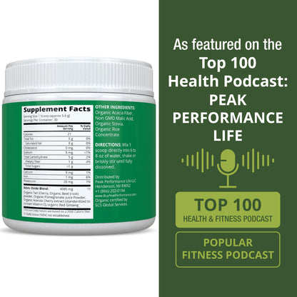 USDA Organic Plant Based Nitric Oxide Booster Powder Supplement for Men & Women. Caffeine Free Supplements 5 Top Organic Ingredients. Beet Root, Tart Cherry, Acerola Cherry, Pomegranate, Red Ginseng Peak PerformanceBuy Supplements Australia