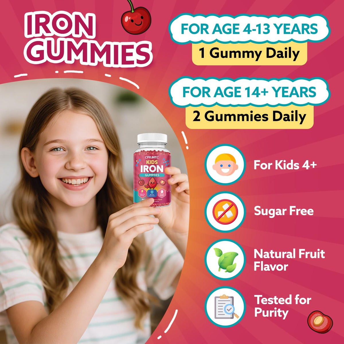 Iron Gummies for Kids & Teens, Kids Multivitamin with Iron Supplement, Calcium, Folate, Zinc, Prebiotic - for Blood Builder & Energy Support, Iron Deficiency - Vegan & Non-GMO - 60 Count Cherry CFILIHTCBuy Supplements Australia