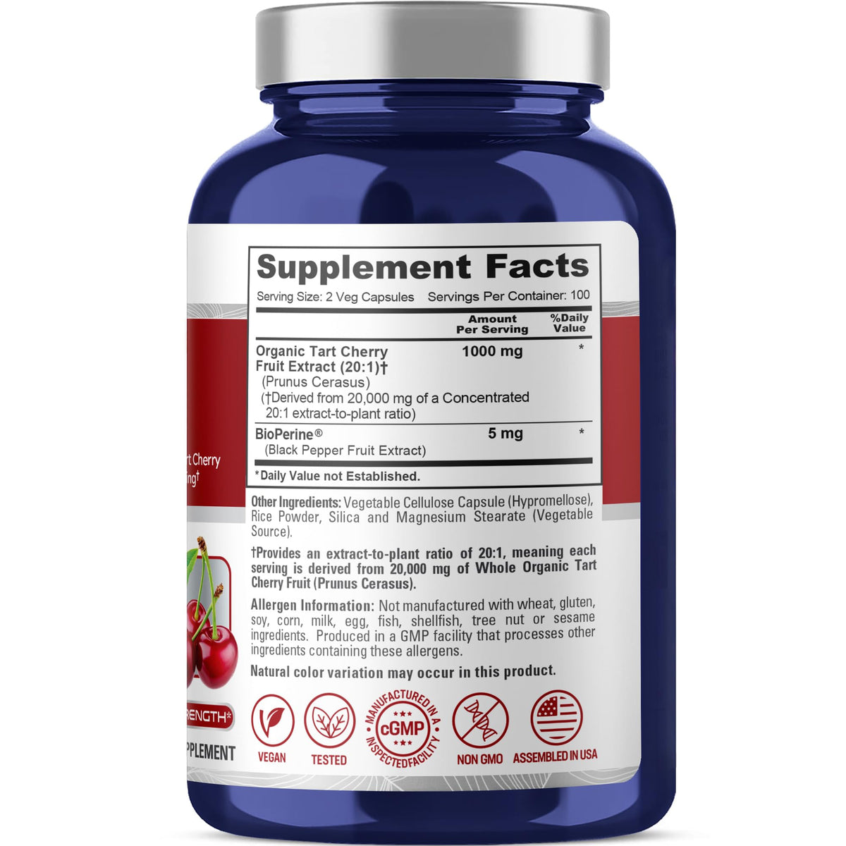 NusaPure Organic Tart Cherry 20:1 Extract, 1000 mg Equivalent to 20,000 mg 200 Veggie Caps (Vegan, Non-GMO) Bioperine NusaPureBuy Supplements Australia