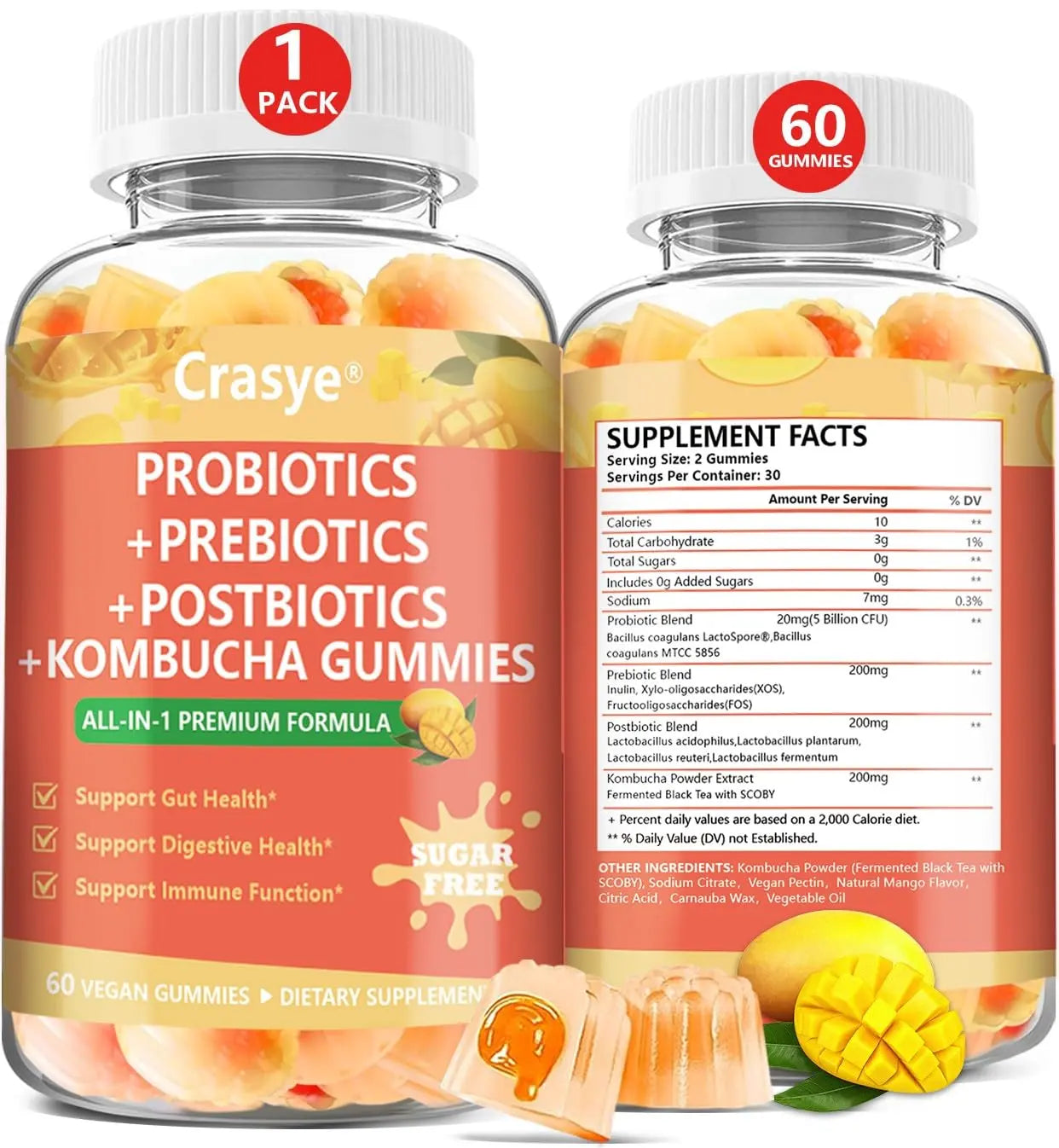 Crasye Probiotic Kombucha Gummies Sugar Free Prebiotic Postbiotic Probiotics Gummy for Women and Men Bloating Gut Health Immune and Digestive Support - 60 Gummies - 30 Servings CrasyeBuy Supplements Australia