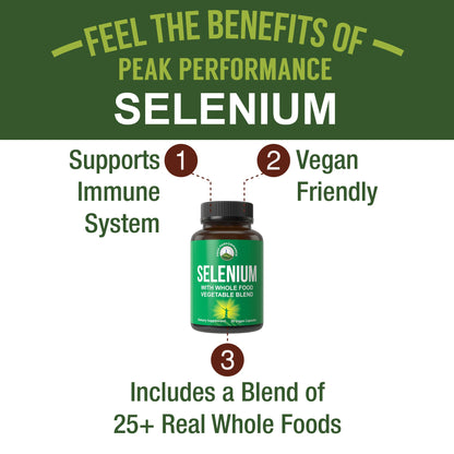 Selenium Supplement with Whole Food Blend of 25+ Vegetables and Fruits for Max Absorption. Pure Selenium Vegan Capsules for Immune System, Thyroid Support, Heart Health, Prostate Support. 30 Pills Peak PerformanceBuy Supplements Australia