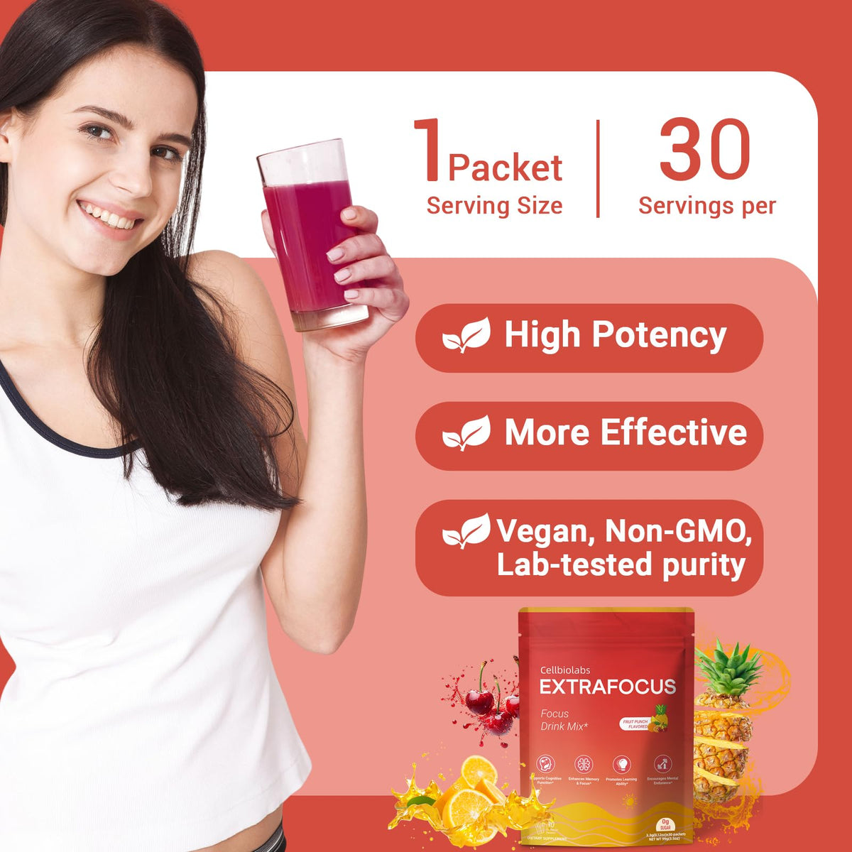 Nootropic Extra Focus Drink Mix, 30 Packs On-The-Go Sticks, Featuring Alpha-GPC, Lion's Mane & Rhodiola, Sugar-Free Packets Fruit Punch Clean Drink Mix CellbiolabsBuy Supplements Australia