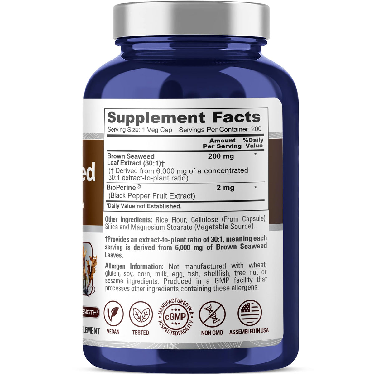 NusaPure Brown Seaweed 30:1 Extract, 200 mg Equivalent to 6,000 mg 200 Veggie Capsules - (Vegan, Non-GMO Bioperine) NusaPureBuy Supplements Australia