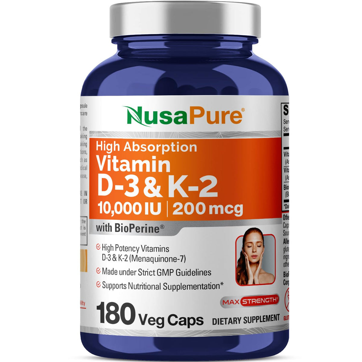 NusaPure Vitamin K2 (MK7) (200mcg) + Vitamin D3 (10000 IU) 180 Veg Caps - Bioperine, Soyfree, Non-GMO NusaPureBuy Supplements Australia