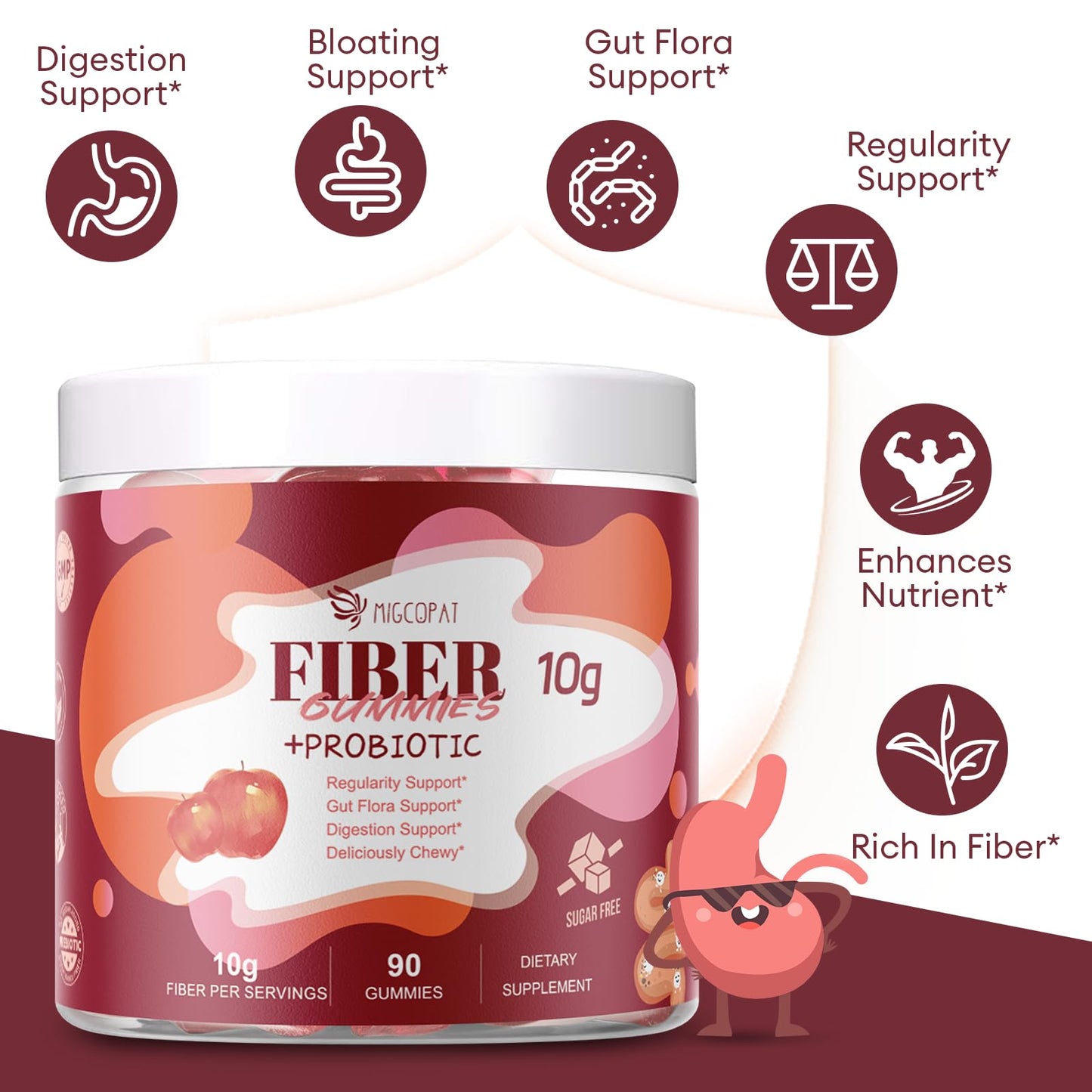 Migcopat Fiber Gummies with Probiotics,10G Fiber per Serving No Sugar Added Apple Flavor, with 10 Billion CFU Probiotics Blend, Apple Cider Vinegar,