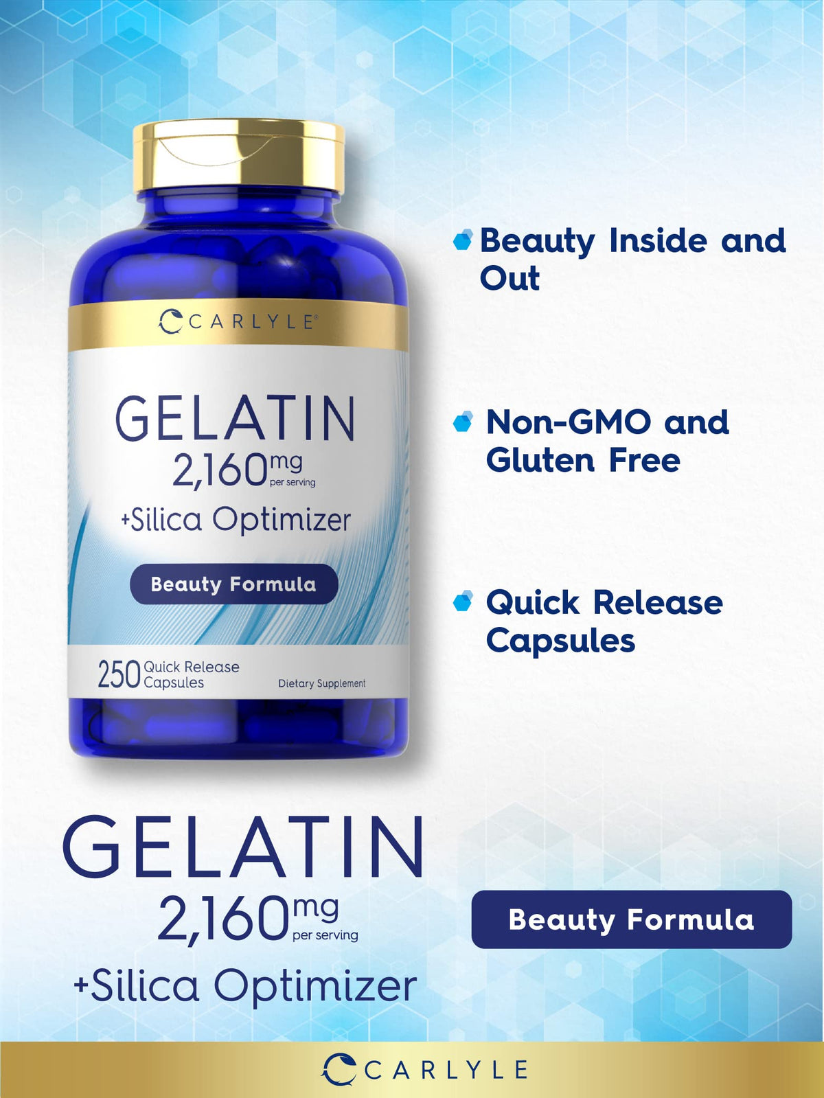 Carlyle Gelatin Capsules | 2160 mg | 250 Pills | with Silica Optimizer | Non-GMO, and Gluten Free Supplement Carlyle buy supplements Au