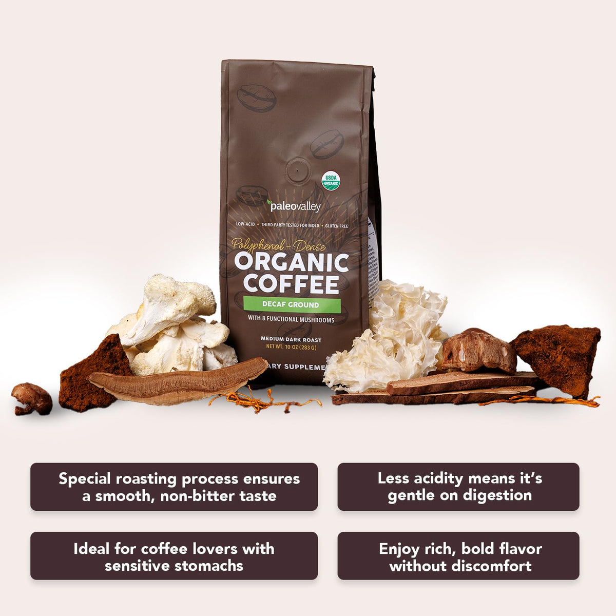 Paleovalley Organic Ground Coffee, 10oz - Decaf, Low Acid, Single-Origin, Polyphenol-Rich, Infused with Mushrooms PaleovalleyBuy Supplements Australia