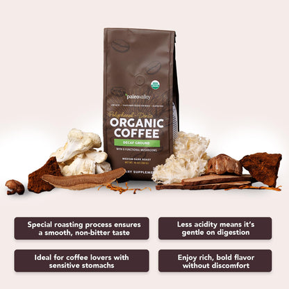 Paleovalley Organic Ground Coffee, 10oz - Decaf, Low Acid, Single-Origin, Polyphenol-Rich, Infused with Mushrooms PaleovalleyBuy Supplements Australia