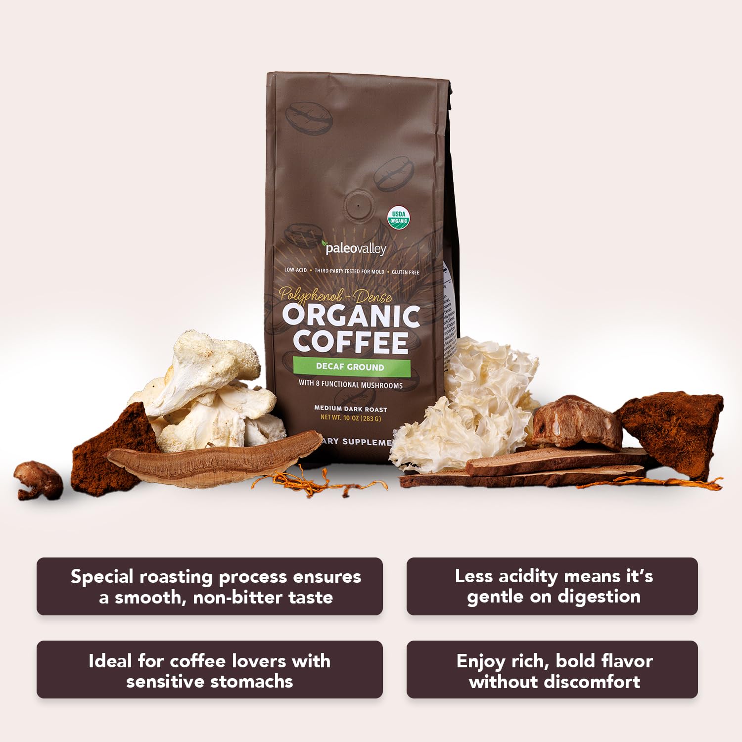 Paleovalley Organic Ground Coffee, 10oz - Decaf, Low Acid, Single-Origin, Polyphenol-Rich, Infused with Mushrooms PaleovalleyBuy Supplements Australia