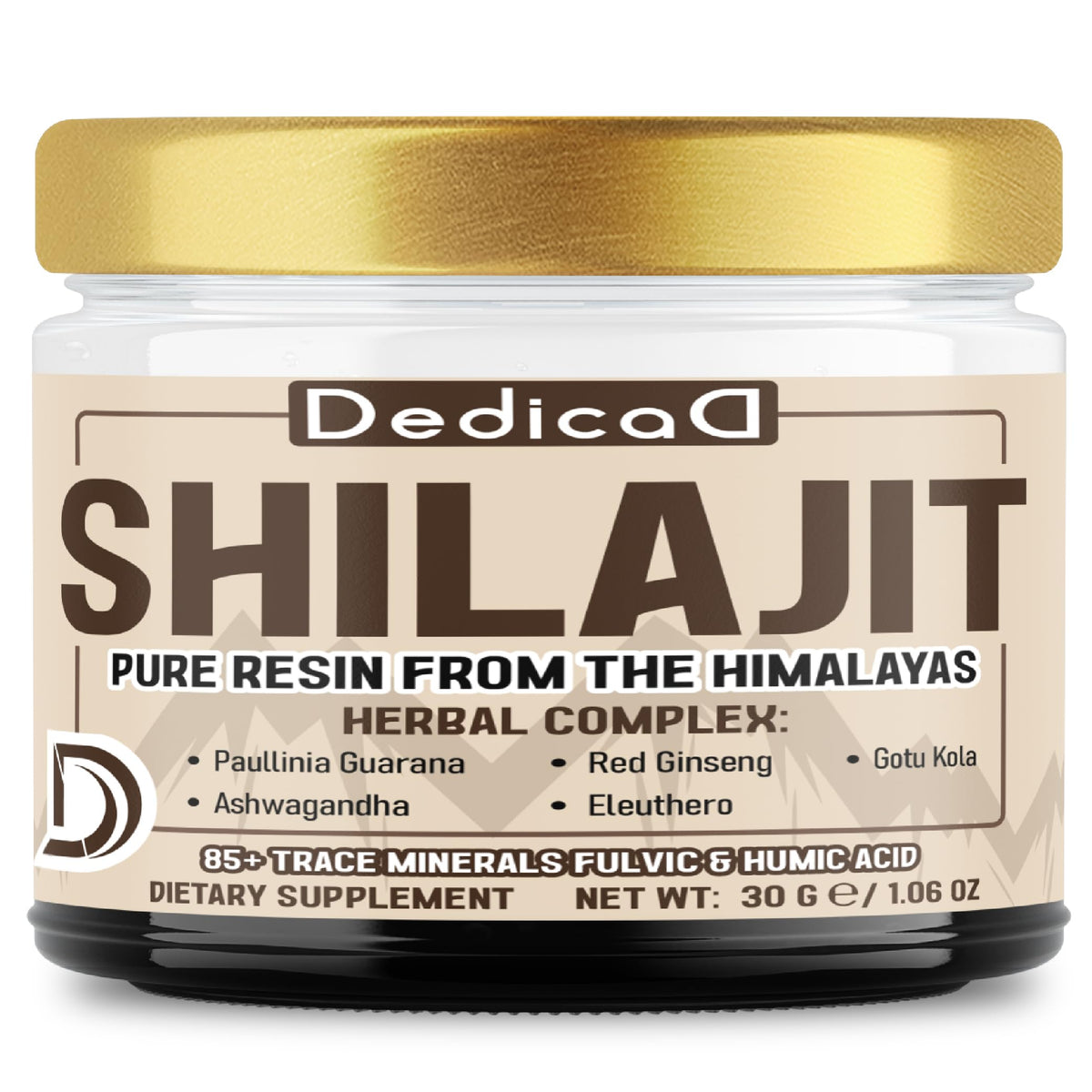 Jar of Dedica Shilajit with gold lid on a white background