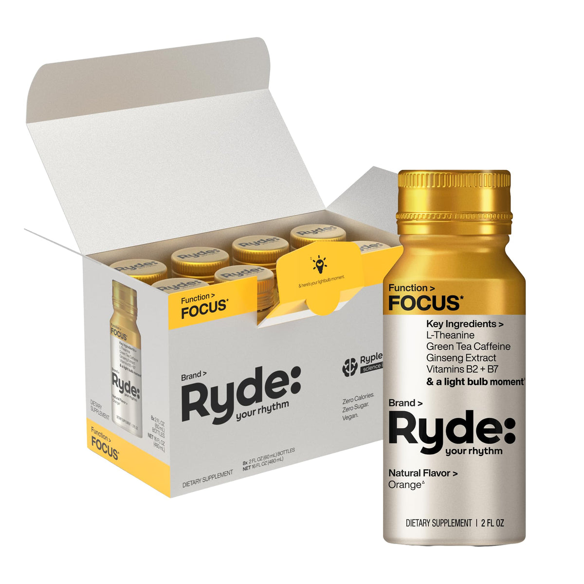 Ryde: Focus Shot | Orange Flavor | L-Theanine & Ginseng | Green Tea Caffeine | Vitamins B2 & B7 | 0 Calories, 0 Sugar | 2 FL OZ Shots | Supports Focus* (8 Pack) RYDEBuy Supplements Australia