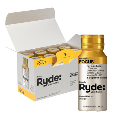 Ryde: Focus Shot | Orange Flavor | L-Theanine & Ginseng | Green Tea Caffeine | Vitamins B2 & B7 | 0 Calories, 0 Sugar | 2 FL OZ Shots | Supports Focus* (8 Pack) RYDEBuy Supplements Australia