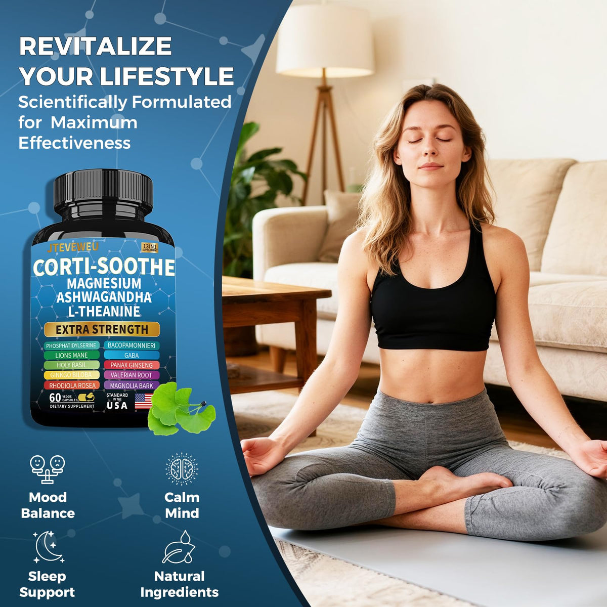 Corti-Soothe Cortisol Supplement for Women and Men with Magnesium Glycinate 200mg, L-Theanine 150mg, Phosphatidylserine 50mg & Manager Holy Basil Ginkgo Biloba Bacopa Monnieri Valerian 60 Capsules JTEVEweuBuy Supplements Australia
