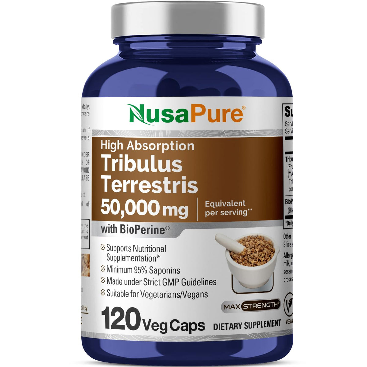 NusaPure Tribulus Terrestris 50:1 Extract, 1000 mg Equivalent to 50,000mg| 120 Veggie Caps | 95% Steroidal Saponins | Non-GMO, Bioperine & Vegan NusaPureBuy Supplements Australia