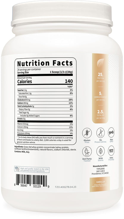 Type Zero Grass Fed Whey Protein Concentrate Powder (Vanilla, 2LBS) - Gluten Free Type ZeroBuy Supplements Australia