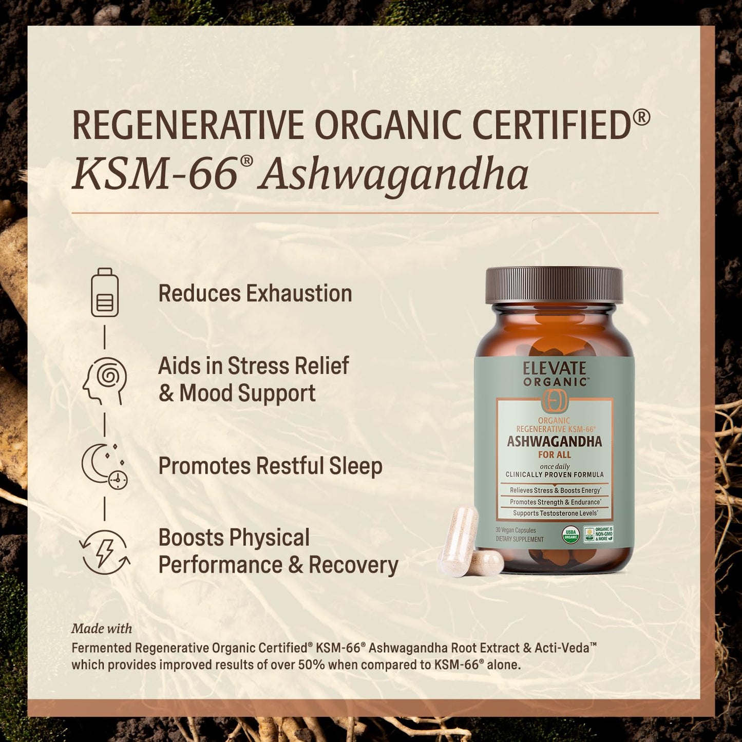 ELEVATE ORGANIC Regenerative Fermented KSM-66 Ashwagandha Vegan Capsules with Acti Veda™ (600mg, 30 Servings), Up to 150% More Effective Than KSM-66 Alone ELEVATE ORGANICBuy Supplements Australia