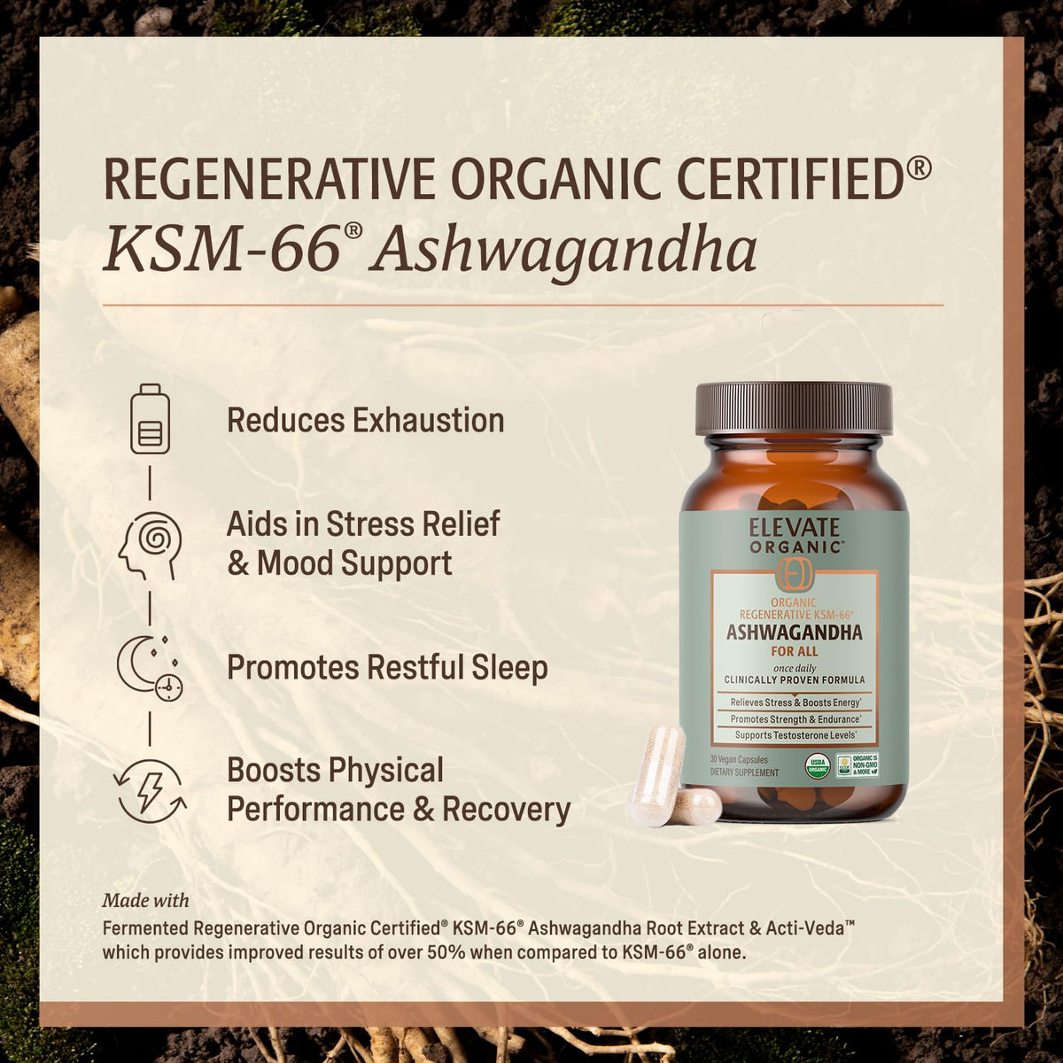 ELEVATE ORGANIC Regenerative Fermented KSM-66 Ashwagandha Vegan Capsules with Acti Veda™ (600mg, 30 Servings), Up to 150% More Effective Than KSM-66 Alone ELEVATE ORGANICBuy Supplements Australia