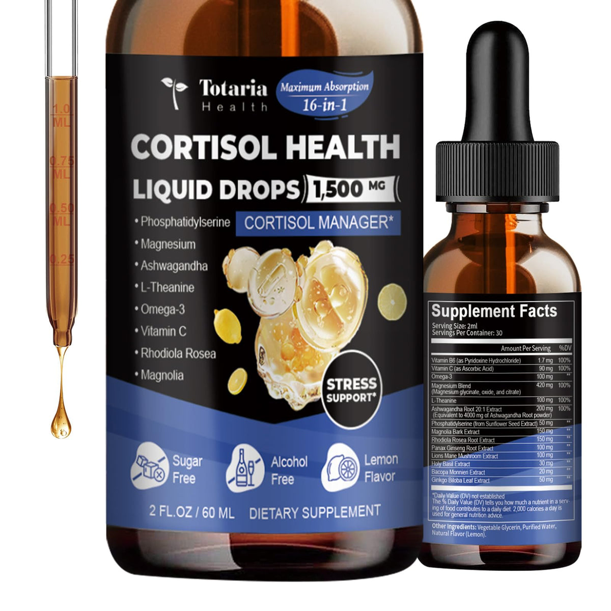 Totaria cortisol Supplement Liquid Drops Hormone Balance for Women Men with Magnesium Complex,Ashwagandha,Rhodiola Rosea,L Theanine,Phosphatidylserine Supplements Mood, Focus, Sleep Support 2 FL.OZ TotariaBuy Supplements Australia