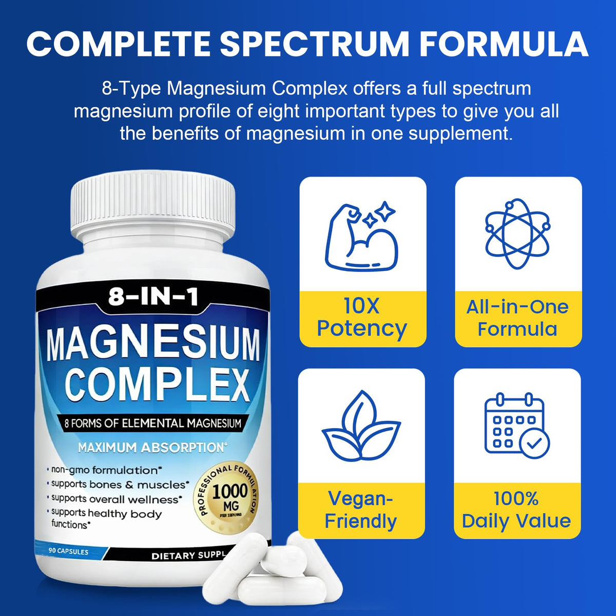 Magnesium Complex Supplement 8-in-1 Elemental 1000mg, Magnesium Glycinate, Malate & Citrate, Vegan, Non-GMO 90 Capsules MIRACLE OFFICIAL buy supplements Au