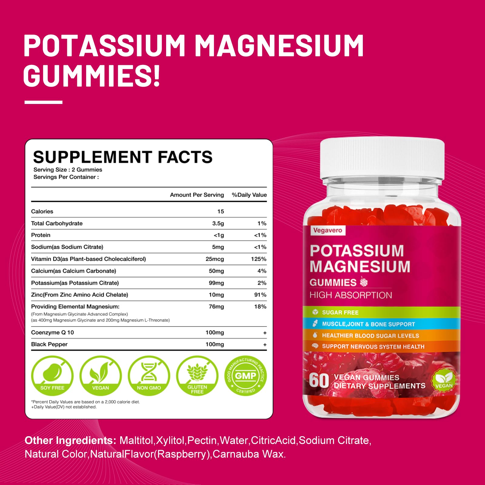 Potassium Magnesium Gummies - High Absorption Magnesium Glycinate & Potassium Citrate Plus Coenzyme Q10, DHA, D3, Mineral & Calcium for Zzz, Leg Cramps & Muscle - 60 Raspberry Gummies VegaveroBuy Supplements Australia