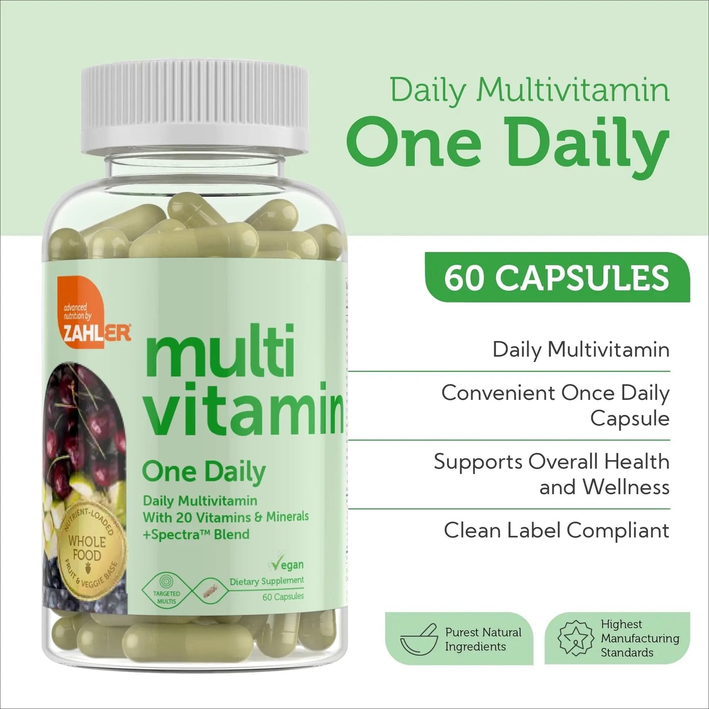 Zahler - One Daily Vegan Multivitamins for Women & Men (60 Count) Kosher Essential Vitamins & Minerals with Whole Food Spectra Blend Zahler
