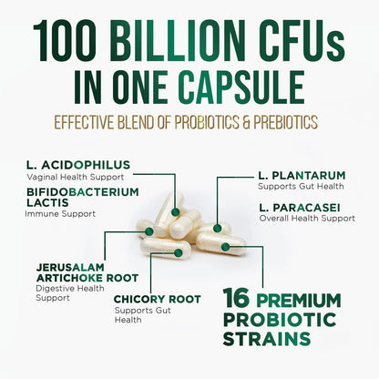 Probiotics 100 Billion CFU Per Serving - 16 Premium Probiotic Strains Prebiotics - Immune Support, Gut Health, Occasional Constipation, Gas & Bloating, Probiotics Supplement, USA Bottled, 60 Capsules Nature's PeakBuy Supplements Australia
