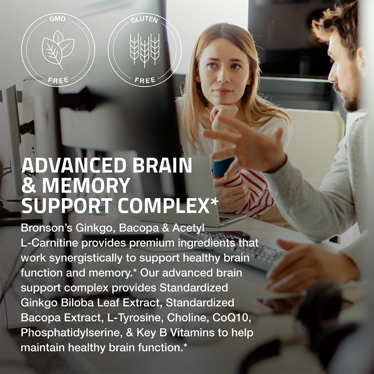 Bronson Ginkgo, Bacopa & Acetyl L-Carnitine Brain & Memory Support Complex with L-Tyrosine, Choline, CoQ10 & Phosphatidylserine Plus Key B Vitamins Non-GMO, 30 Tablets BronsonBuy Supplements Australia