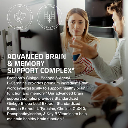 Bronson Ginkgo, Bacopa & Acetyl L-Carnitine Brain & Memory Support Complex with L-Tyrosine, Choline, CoQ10 & Phosphatidylserine Plus Key B Vitamins Non-GMO, 30 Tablets BronsonBuy Supplements Australia