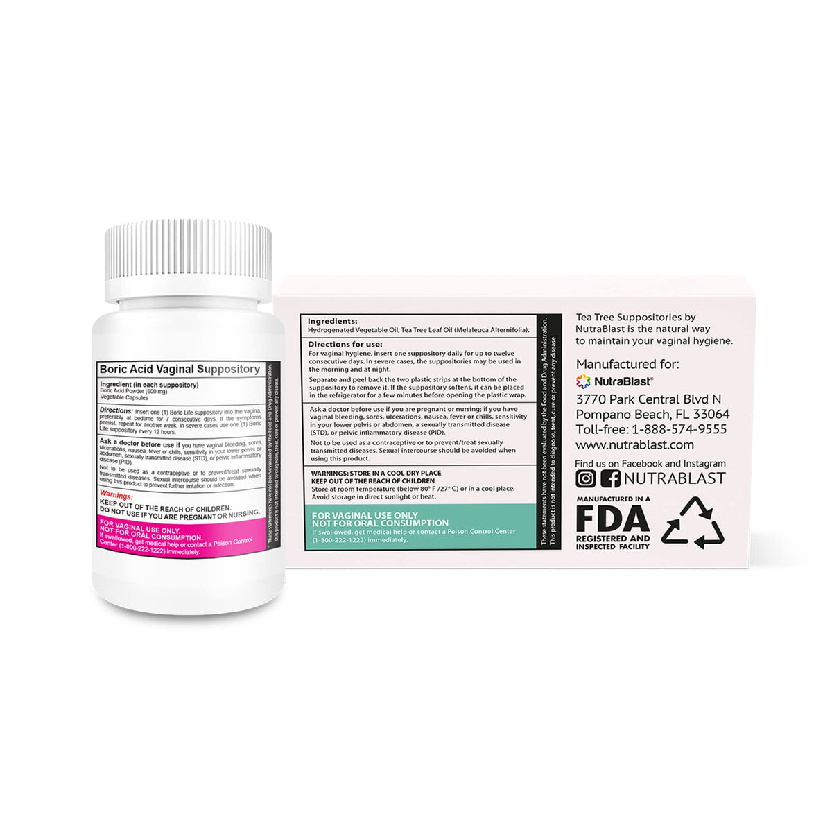 NutraBlast Boric Acid Vaginal Suppositories 600mg (30 Count) w/Tea Tree Oil Suppositories (12 Count) NutraBlastBuy Supplements Australia