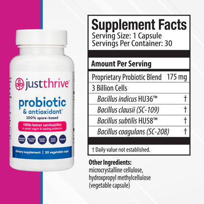 Just Thrive Probiotic & Antioxidant Supplement - 100% Spore-Based Digestive and Immune Support - Gluten Free, 30 Caps Just Thrive canada supplements