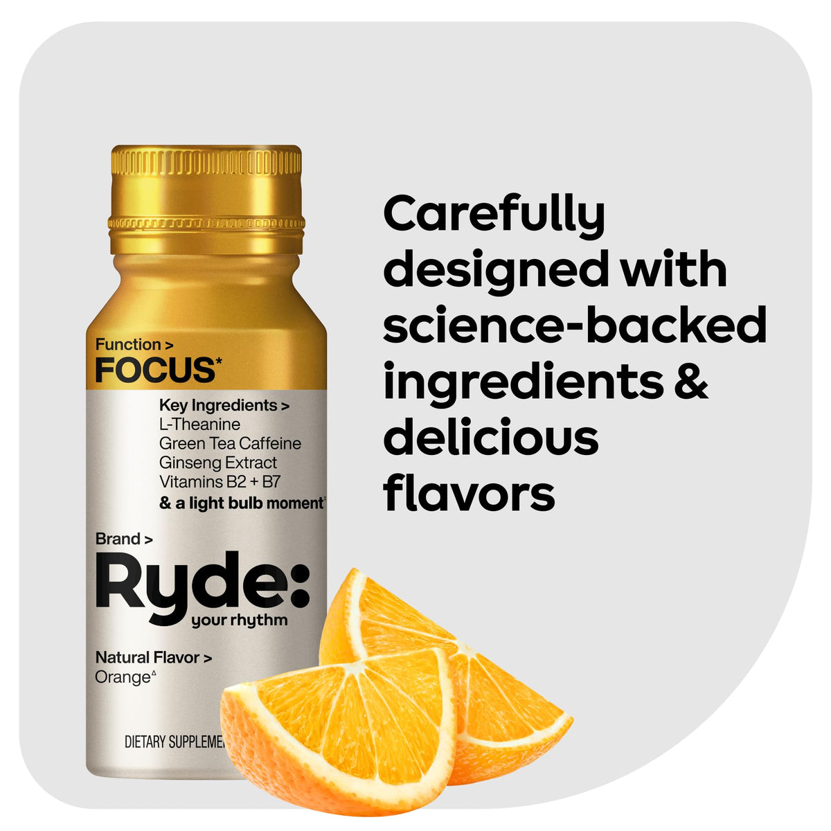 Ryde: Focus Shot | Orange Flavor | L-Theanine & Ginseng | Green Tea Caffeine | Vitamins B2 & B7 | 0 Calories, 0 Sugar | 2 FL OZ Shots | Supports Focus* (8 Pack) RYDEBuy Supplements Australia