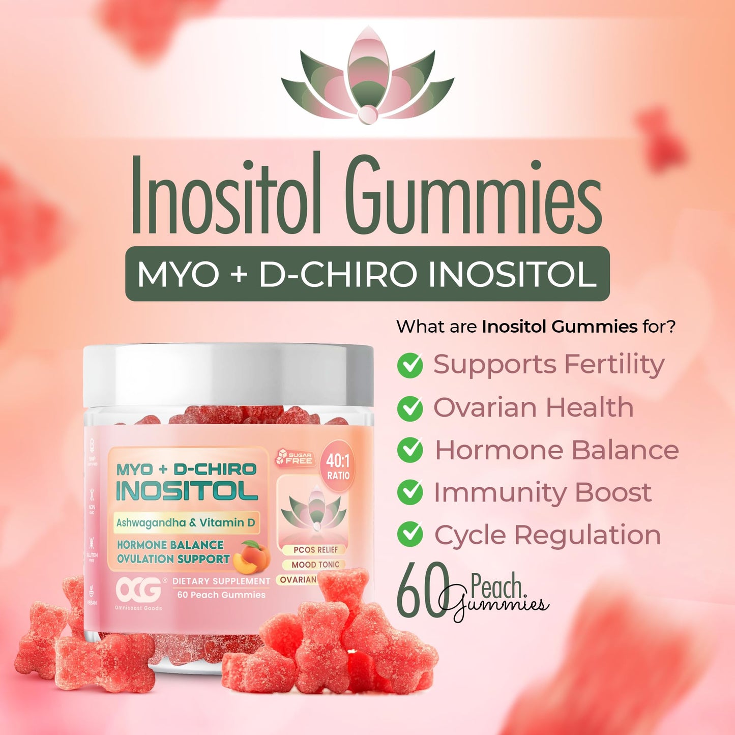 OMNICOAST GOODS, OCG Myo-Inositol & D-Chiro Inositol Gummies with Ashwagandha | PCOS Support | Ovulation & Mood Support, 40:1 Ratio Inositol for Hormone Balance, Sugar-Free, Non-GMO (60 Gummies) OMNICOAST GOODS, OCGBuy Supplements Australia