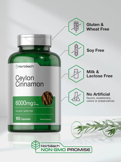 Ceylon Cinnamon Capsules | 6000 mg | 150 Count | Non-GMO & Gluten Free Supplement HorbäachBuy Supplements Australia