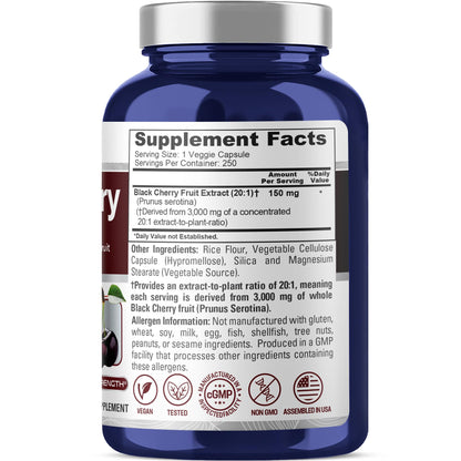 NusaPure Black Cherry Extract 20:1 - Suitable for Vegetarian/Vegan, Non - GMO - 3,000mg 250 Capsules NusaPureBuy Supplements Australia