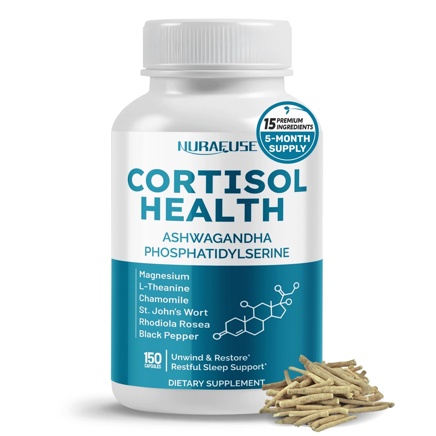 NURAFUSE CORTISOL Health Ashwagandha 15-in-1 Supplement with Magnesium Phosphatidylserine L-Theanine Chamomile Rhodiola Rosea Licorice Holy Basil NURAFUSEBuy Supplements Australia